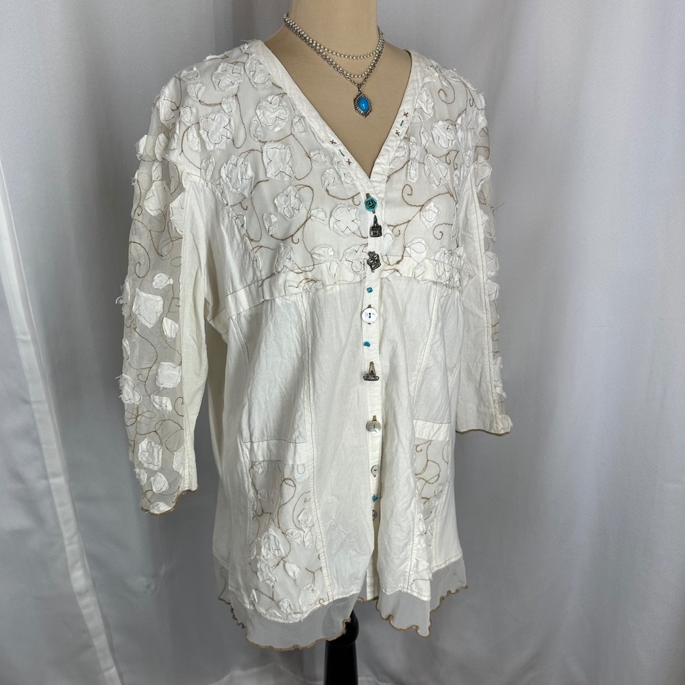 Art to Wear Unbranded Ivory Boho Embroidered Applique Lagenlook Tunic XL